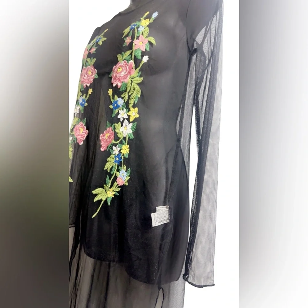 ZARA EMBROIDERED FLORAL TULLE OVERLAY DRESS BLACK SHEER LONG SIZE S FIT M NWOT - Picture 8 of 9